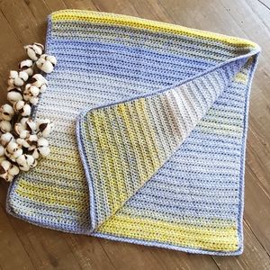 Vintage Handmade Crochet Striped Blue & Yellow Ombre Afghan Baby Blanket